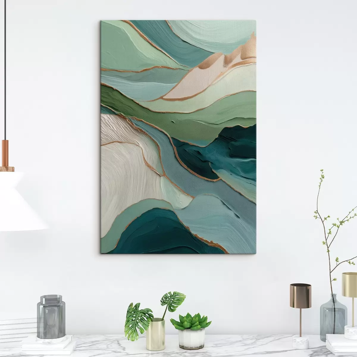  Schilderijen Gelaagde groene abstractie met gele lijnen en diepte s45902