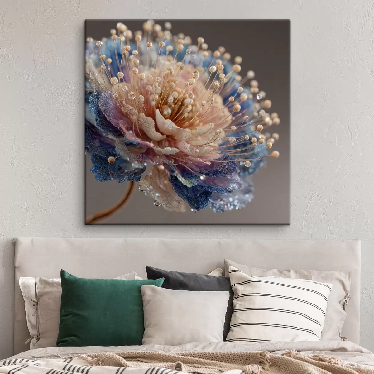  Schilderijen Parelmoerachtige bloem met dauwdruppels, perzikkleurige en blauwe bloemblaadjes s45911