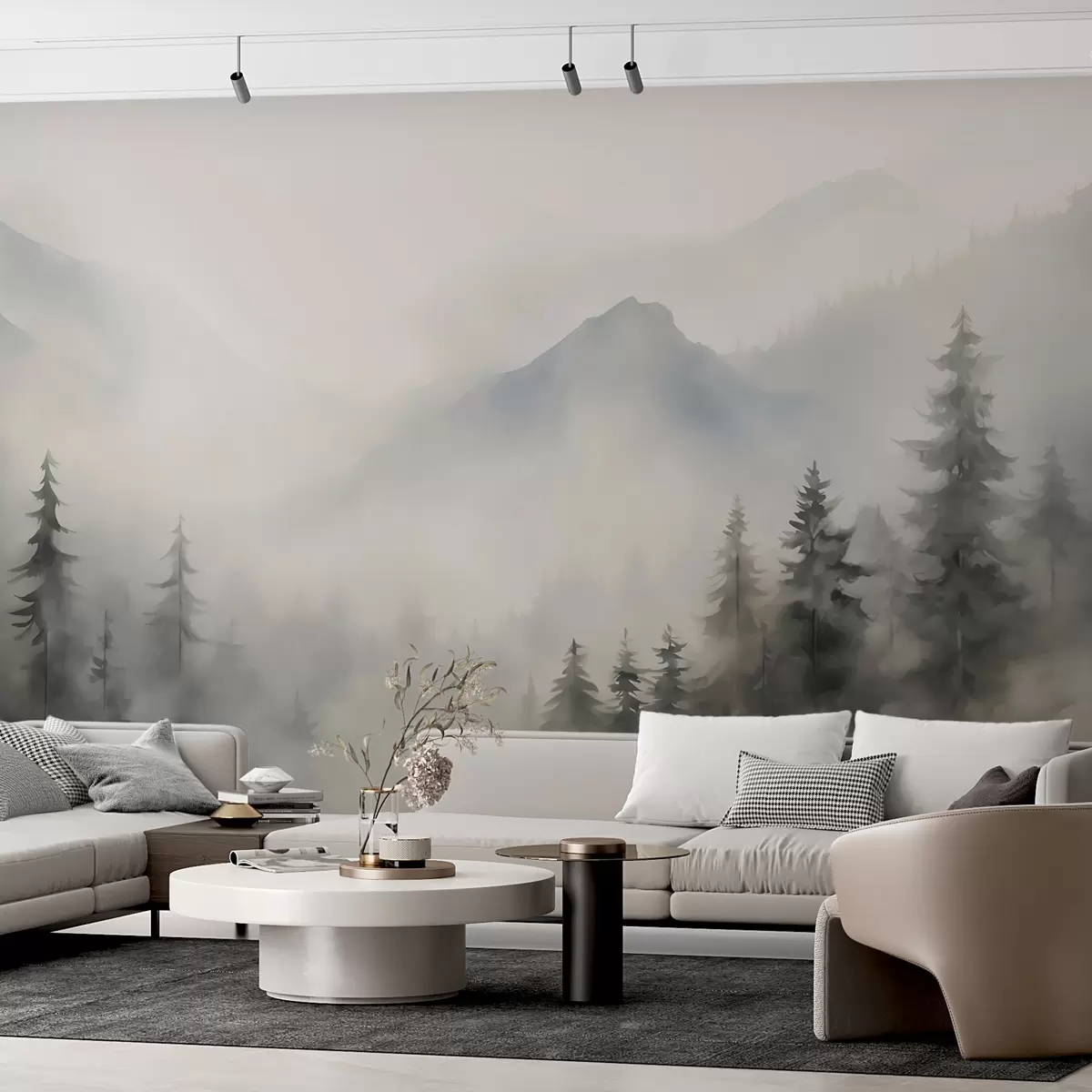 Fotobehang Bos in de mist tegen de achtergrond van bergen w04493