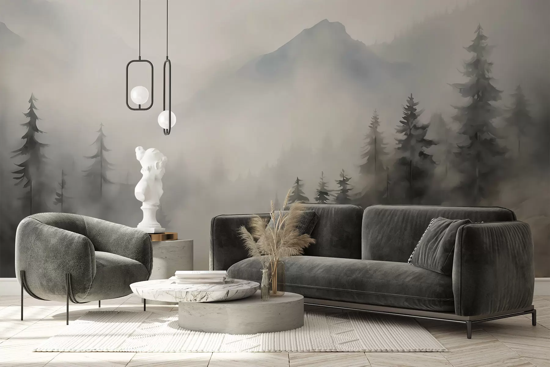 Fotobehang Bos in de mist tegen de achtergrond van bergen w04493