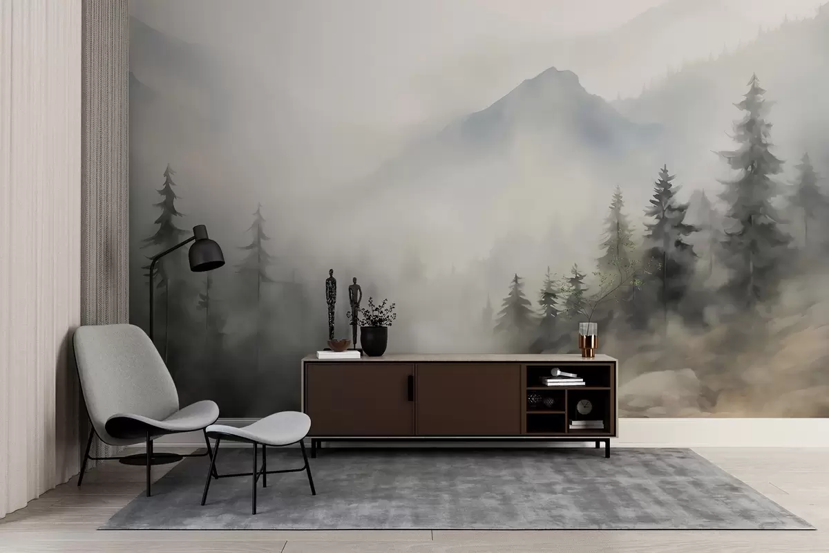 Fotobehang Bos in de mist tegen de achtergrond van bergen w04493