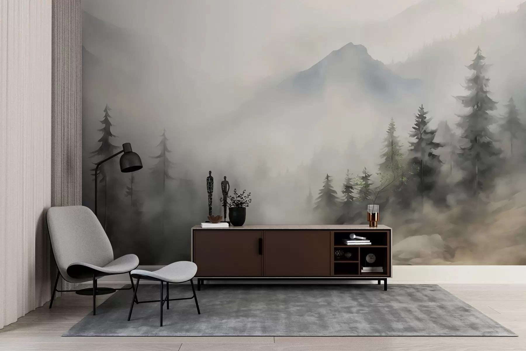 Fotobehang Bos in de mist tegen de achtergrond van bergen w04493