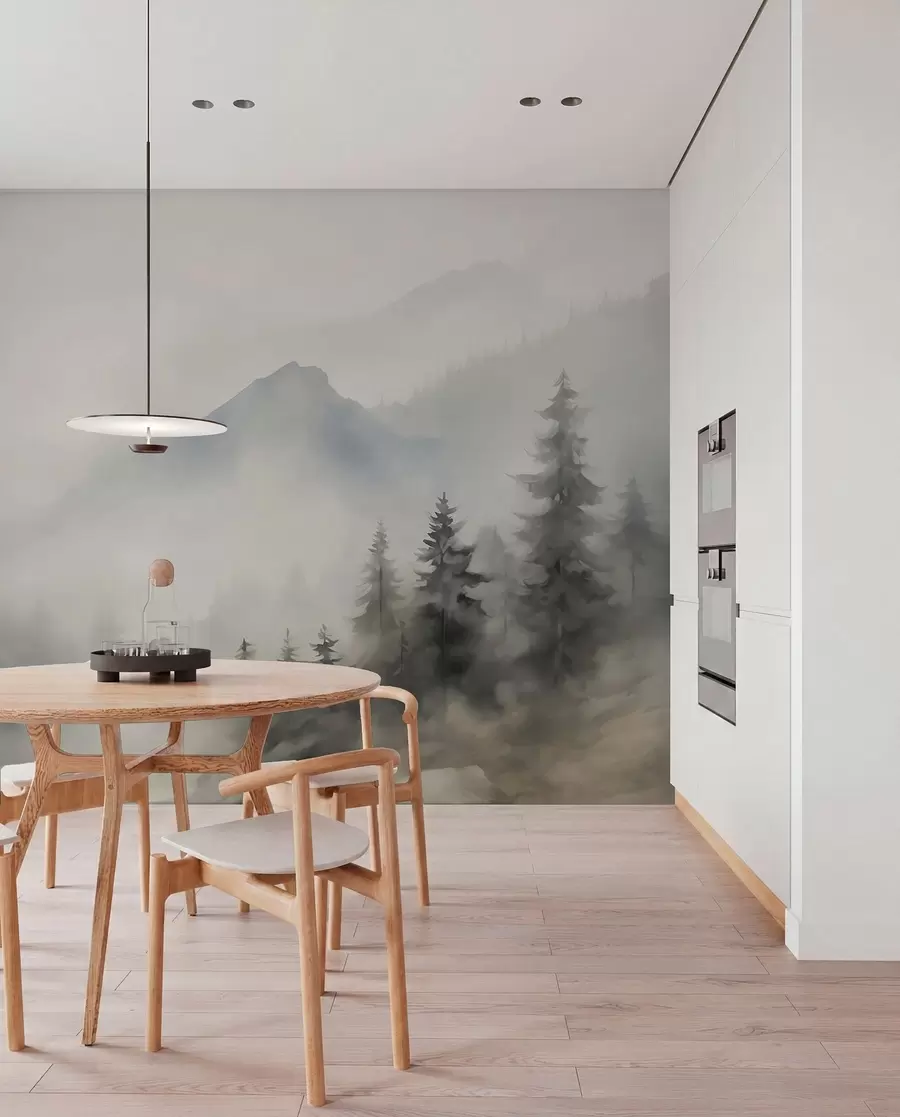 Fotobehang Bos in de mist tegen de achtergrond van bergen w04493