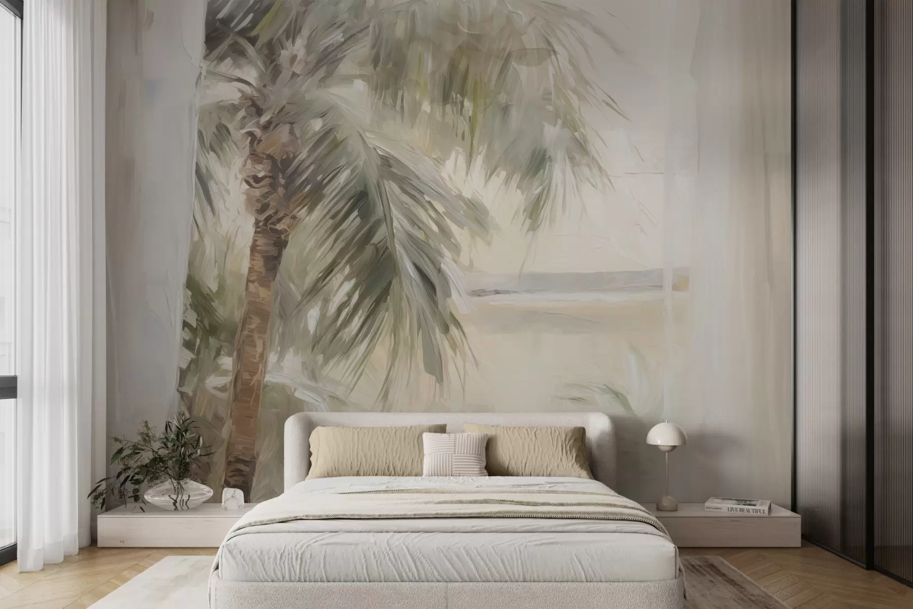 Fotobehang Palmboom buiten het raam w04653