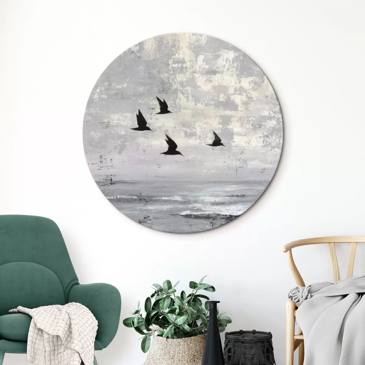 Ronde schilderijen Abstract landschap met vogels r45988