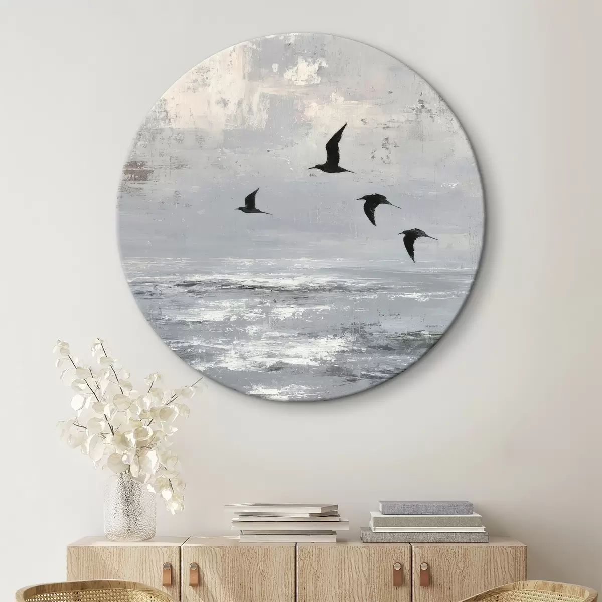 Ronde schilderijen Abstract landschap met vogels r46004