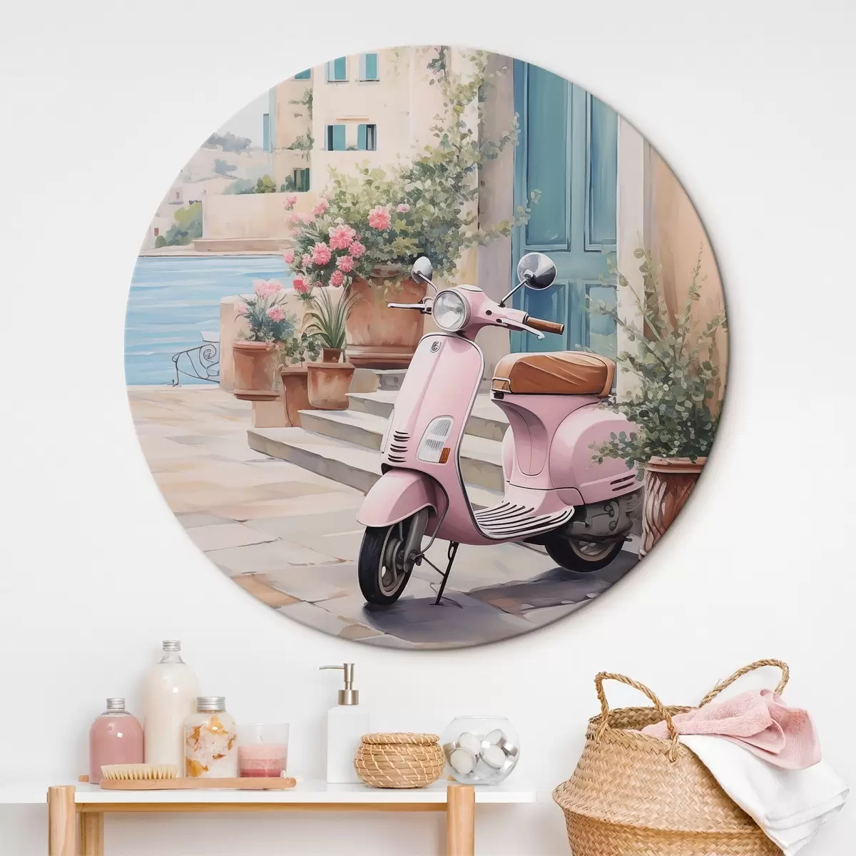 Ronde schilderijen Een scooter tegen de achtergrond van een huis r46065