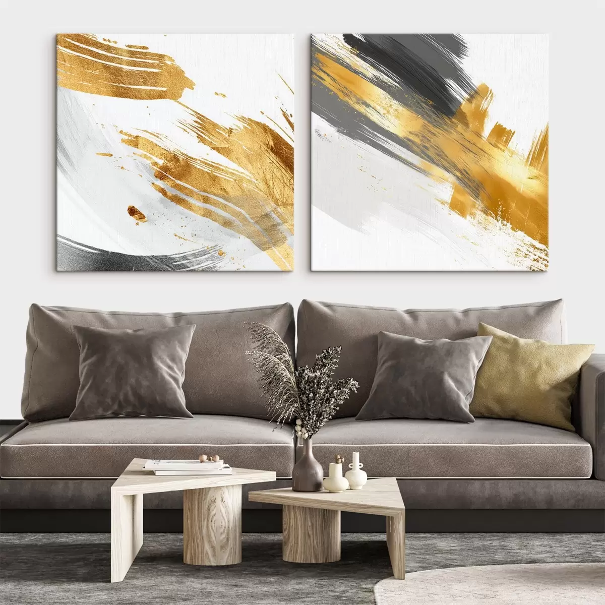  Schilderijen Dynamische abstractie met gele en grijze strepen m00748