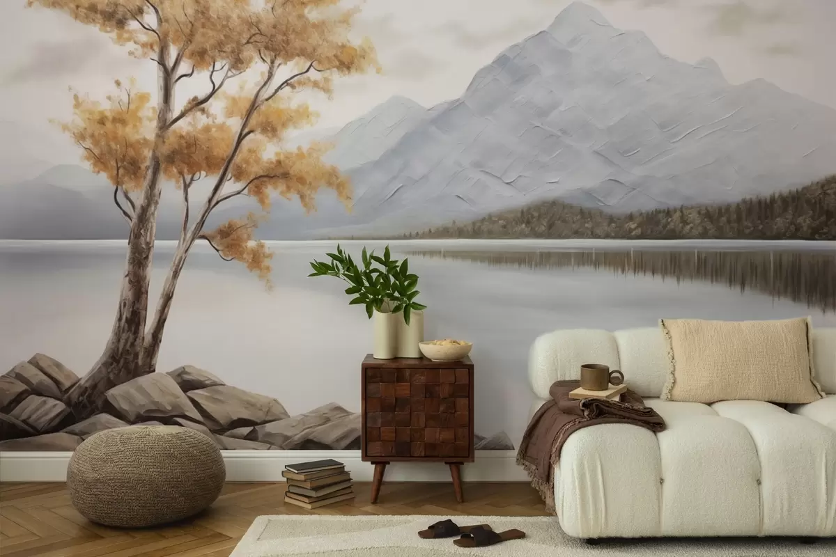 Fotobehang Herfstboom bij een bergmeer, rustige pasteltinten w04611