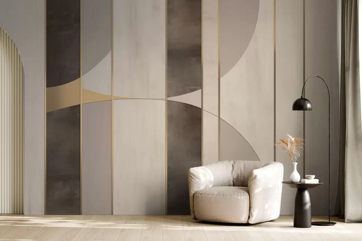 Fotobehang Geometrische panelen met bogen en champagneaccenten w04616