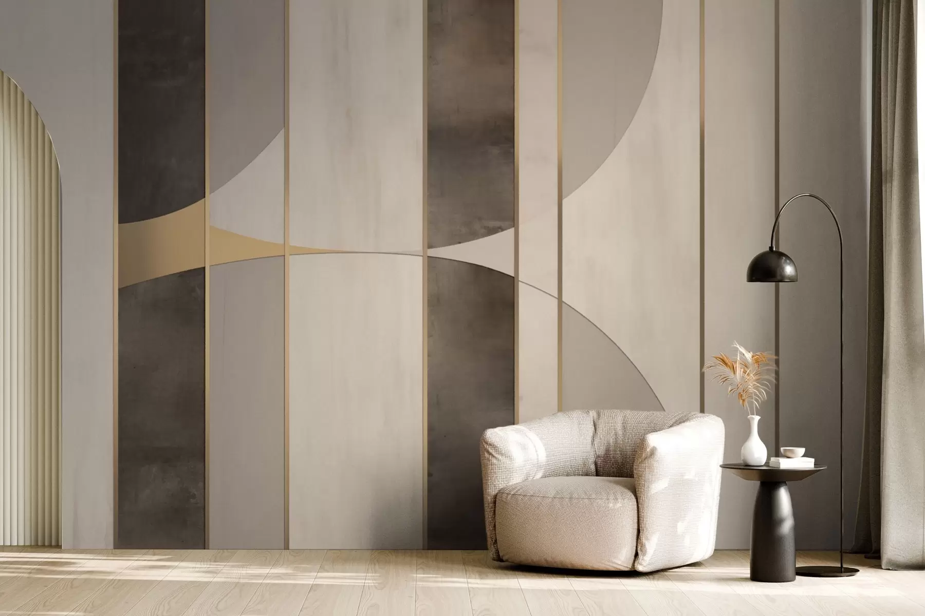 Fotobehang Geometrische panelen met bogen en champagneaccenten w04616