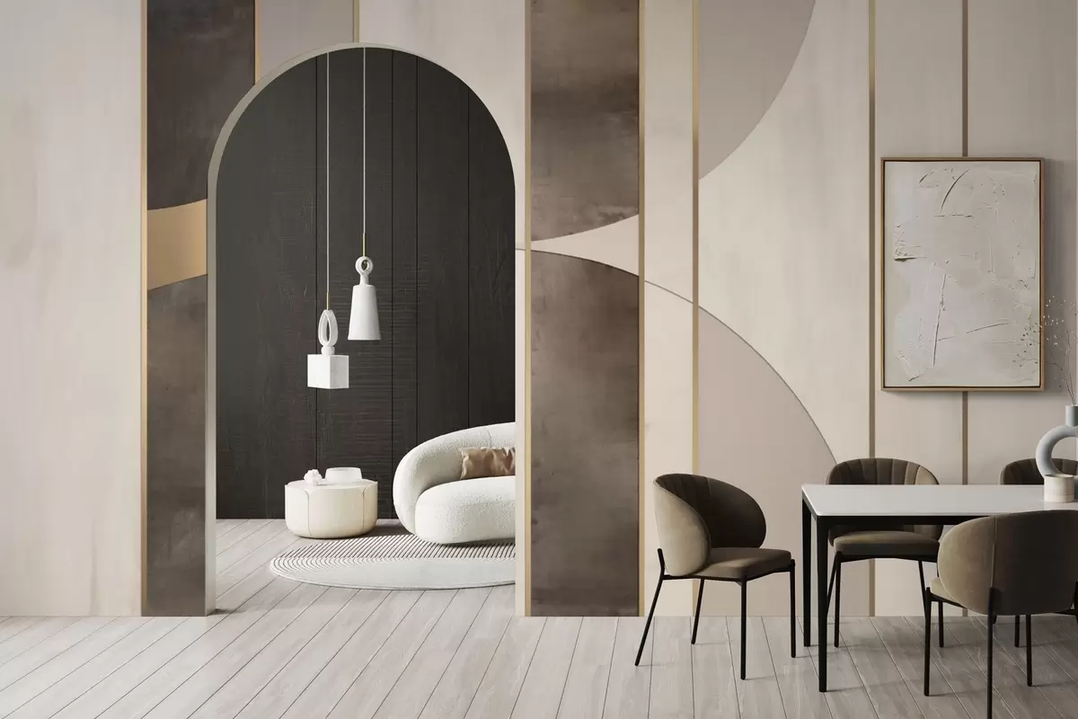 Fotobehang Geometrische panelen met bogen en champagneaccenten w04616