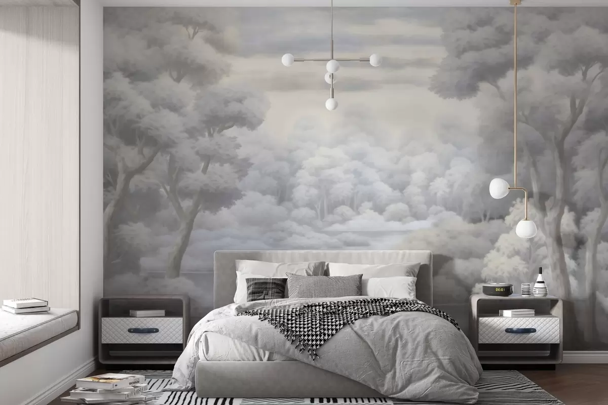 Fotobehang Mistig bos en meer in zachte grijstinten w04617