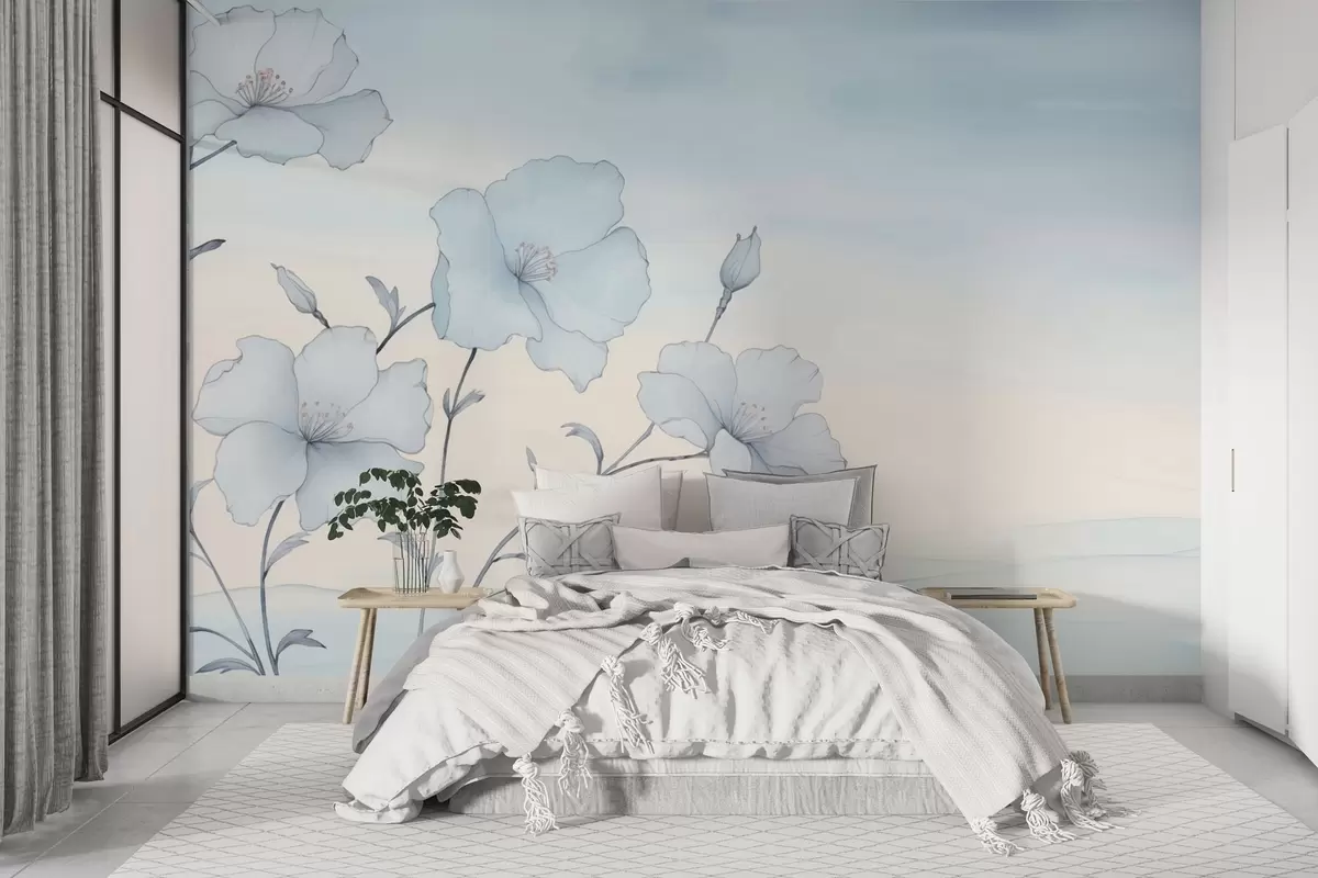 Fotobehang Delicate blauwe bloemen tegen een luchtige hemel w04620