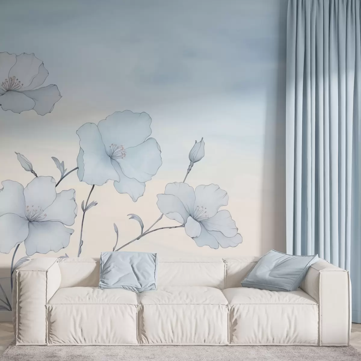 Fotobehang Delicate blauwe bloemen tegen een luchtige hemel w04620