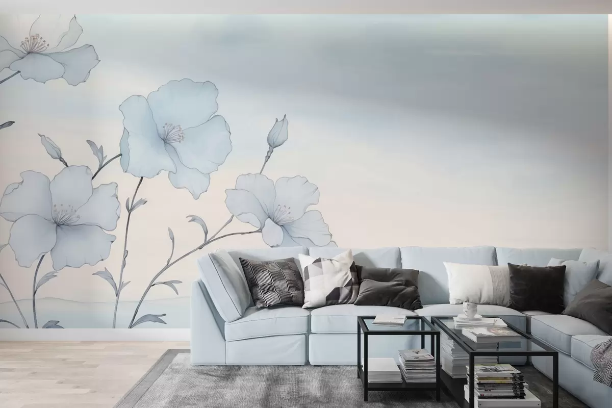Fotobehang Delicate blauwe bloemen tegen een luchtige hemel w04620