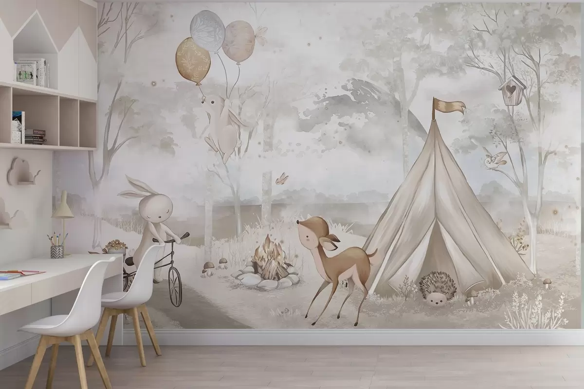 Fotobehang Kinderkamp in warme beige tinten, tent en bosdieren w04671