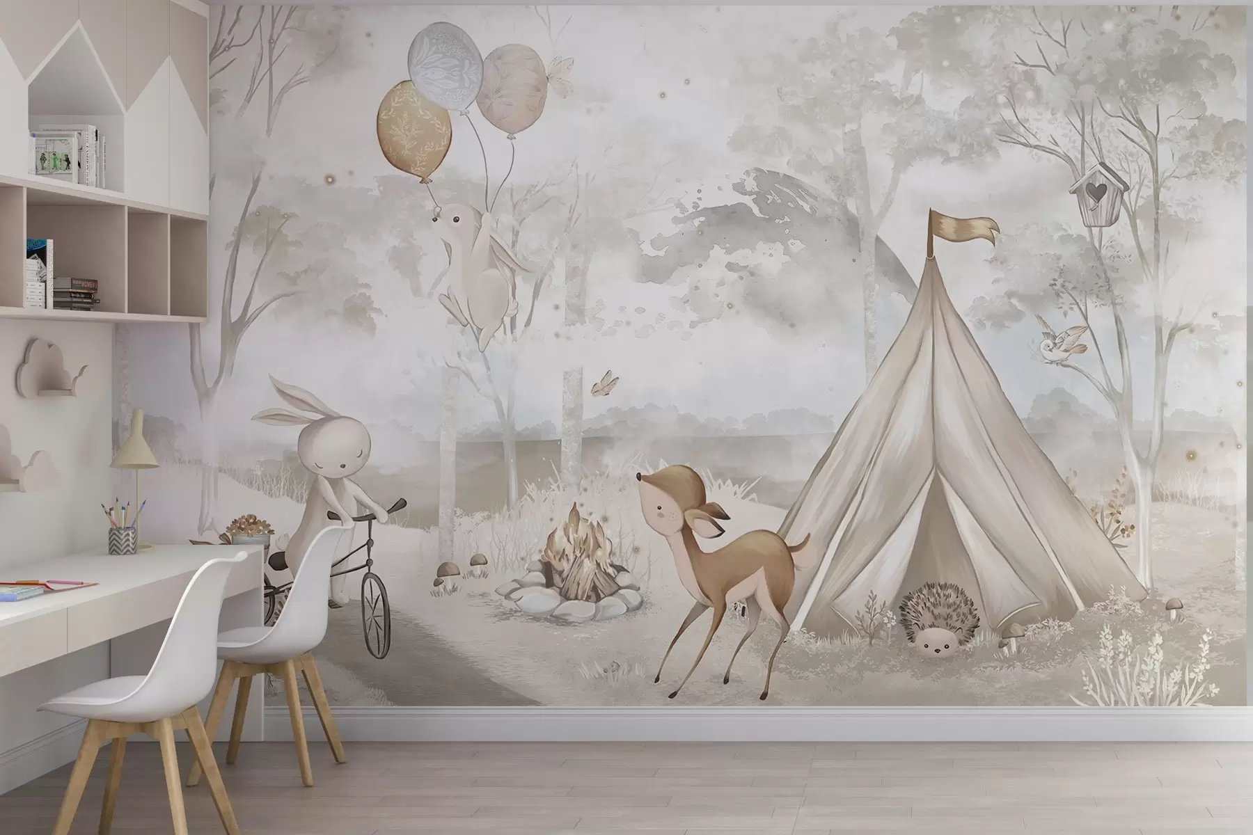 Fotobehang Kinderkamp in warme beige tinten, tent en bosdieren w04671