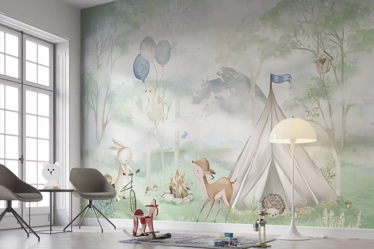Fotobehang Bospopulaire kinderactiviteit: konijntjes, reeën, tent en kampvuur w04671v1