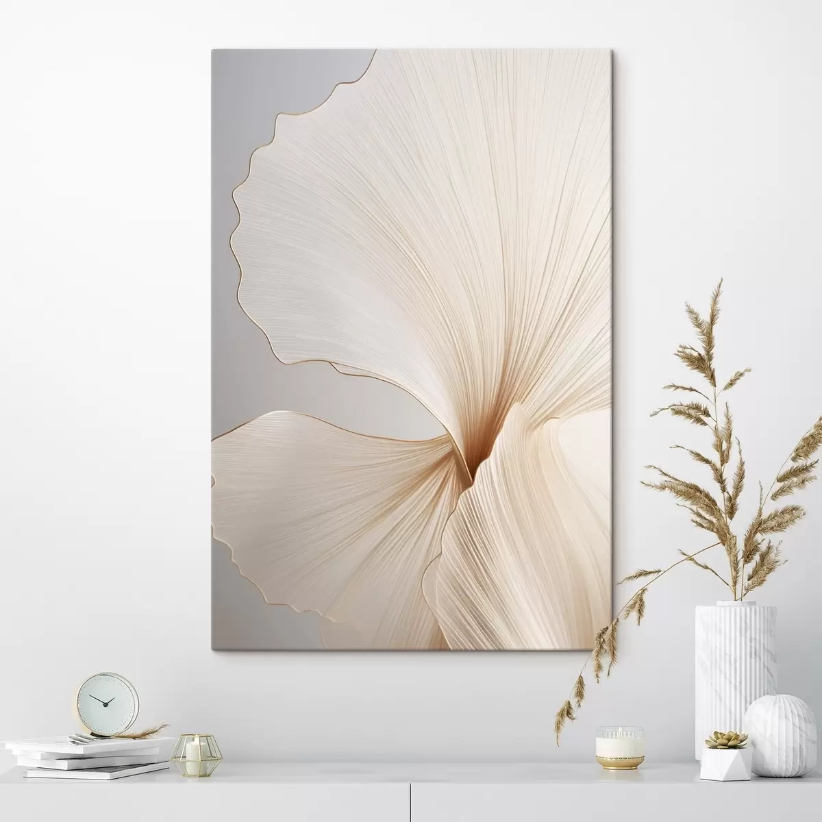  Schilderijen Abstracte bloemen met dunne, delicate bloemblaadjes in witte en beige tinten s45923