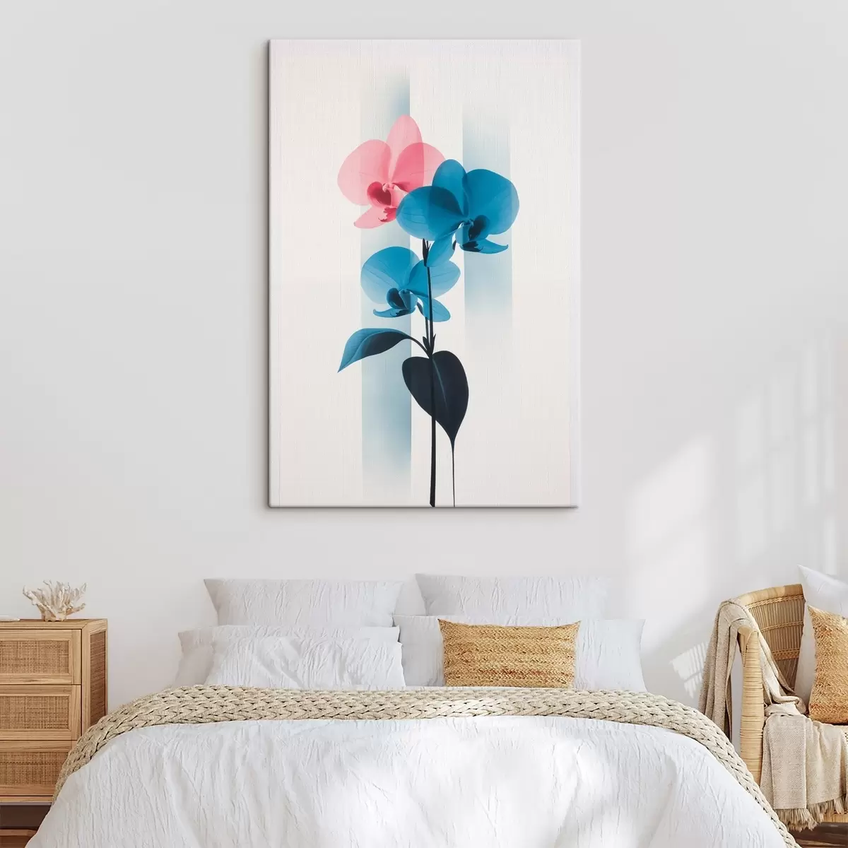  Schilderijen Orchideeën met bladeren op een witte achtergrond met verticale strepen s45925
