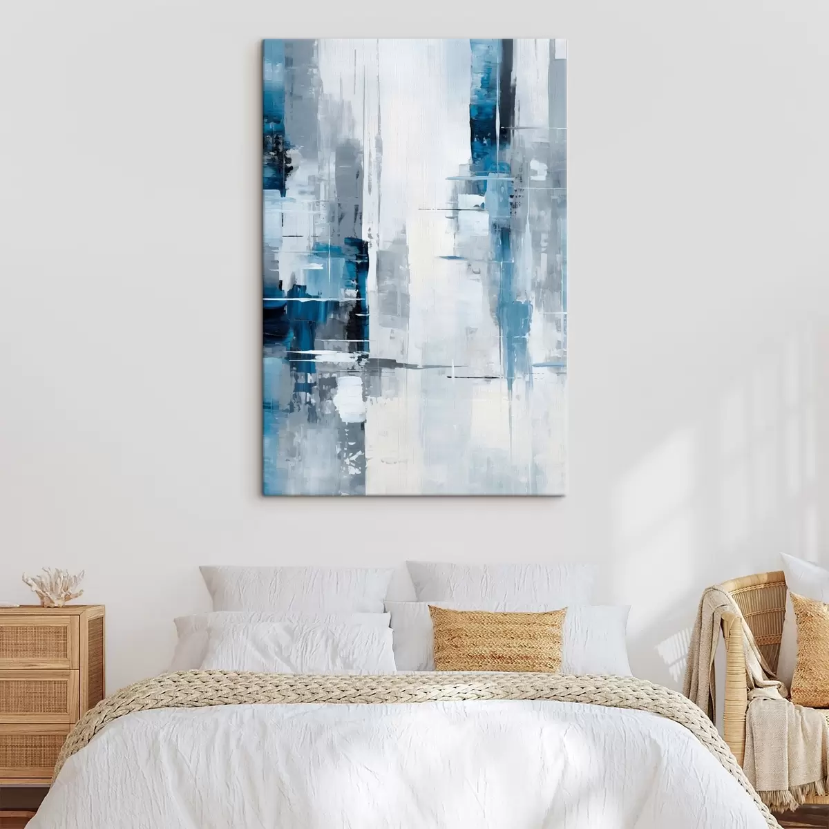  Schilderijen Abstracte schilderijimitatie met blauwe, grijze en witte kleuren, verticale lijnen en geometrische vormen s45926