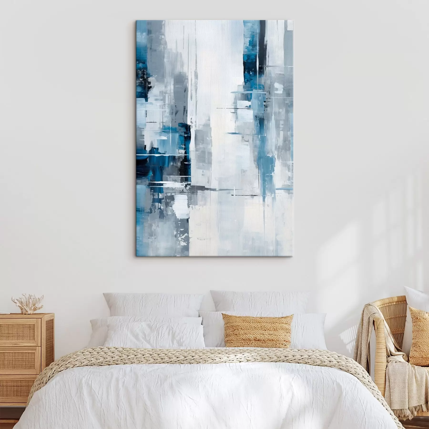  Schilderijen Abstracte schilderijimitatie met blauwe, grijze en witte kleuren, verticale lijnen en geometrische vormen s45926