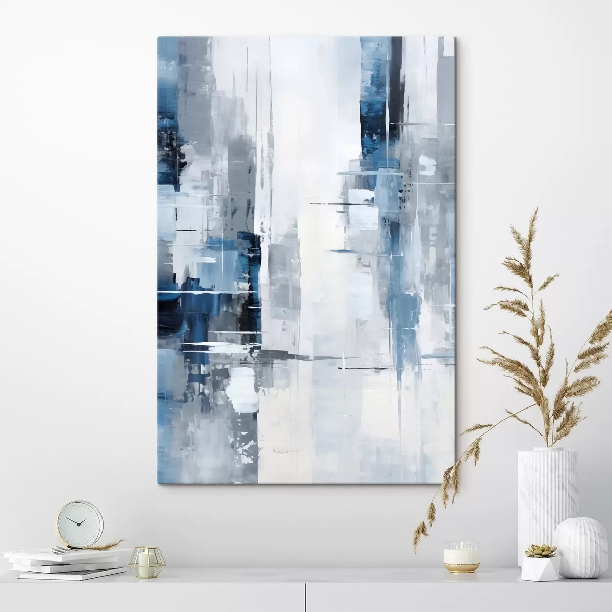  Schilderijen Abstracte schilderijimitatie met blauwe, grijze en witte kleuren, verticale lijnen en geometrische vormen s45926