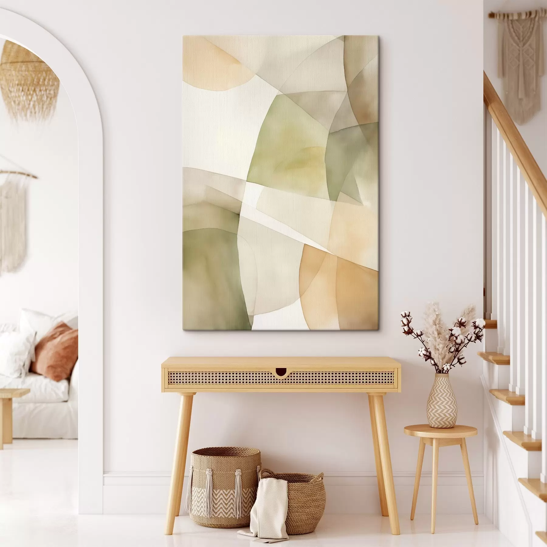  Schilderijen Abstracte geometrische vormen met waterverftextuur in tinten groen, bruin en beige s45928