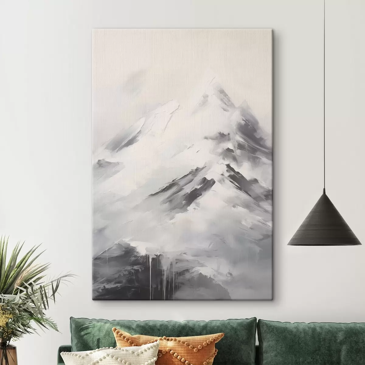  Schilderijen Besneeuwde bergtoppen met grijze schaduwen, grijze lucht, penseelstreken, gestructureerd, minimalistisch s45932