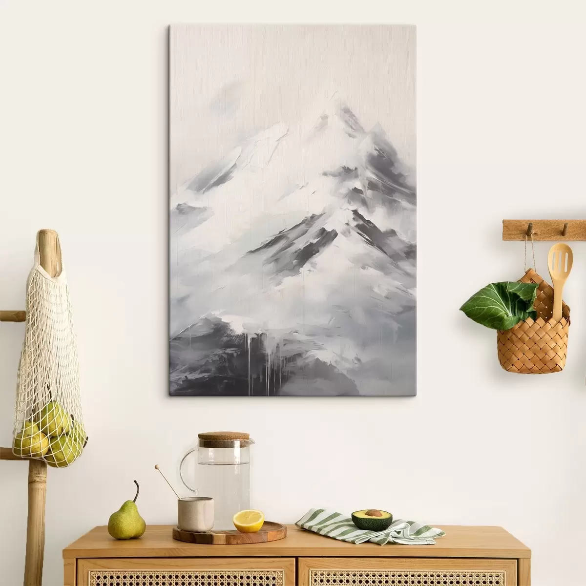  Schilderijen Besneeuwde bergtoppen met grijze schaduwen, grijze lucht, penseelstreken, gestructureerd, minimalistisch s45932
