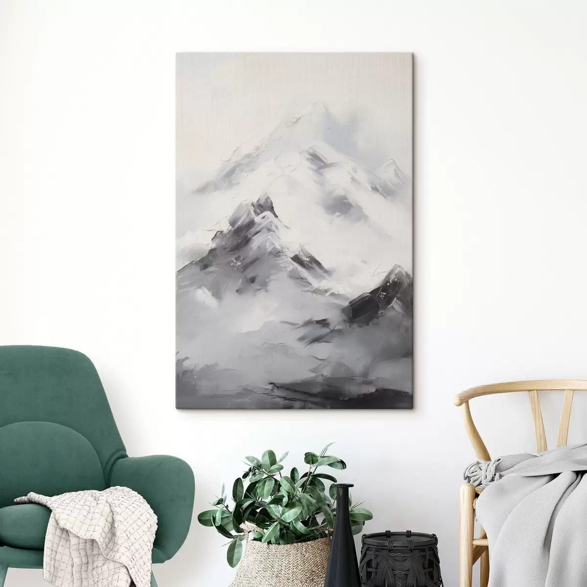  Schilderijen Besneeuwde bergtoppen met grijze schaduwen, grijze lucht, penseelstreken, gestructureerd, minimalistisch s45933