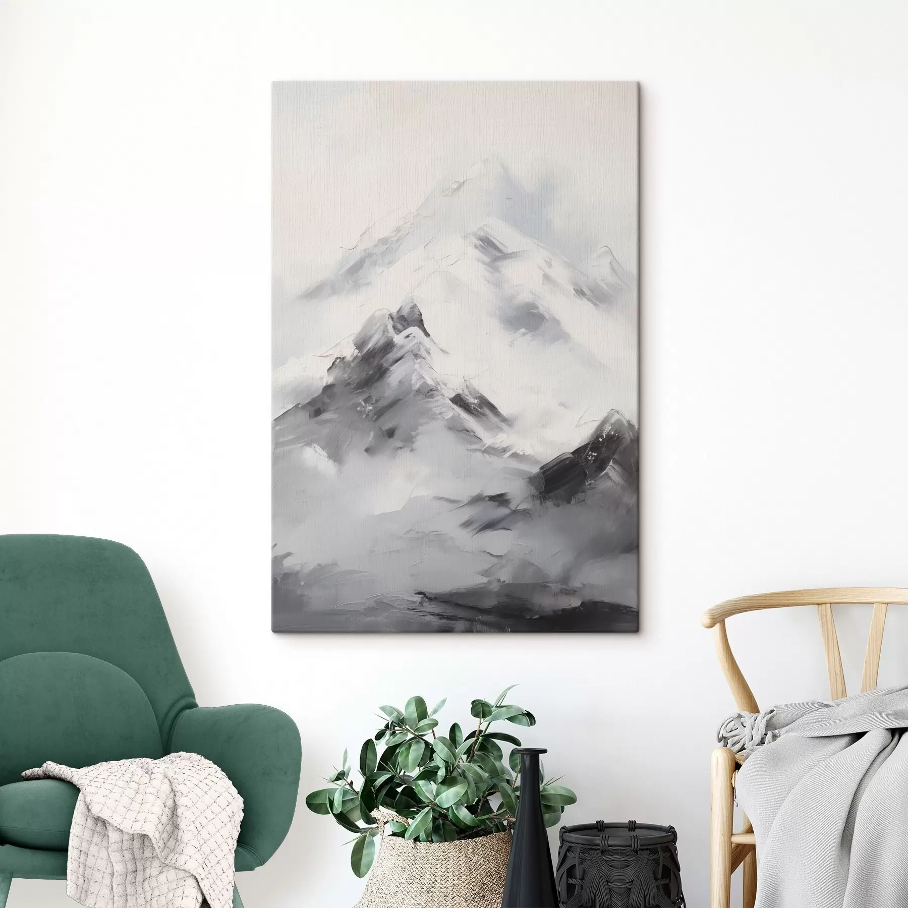  Schilderijen Besneeuwde bergtoppen met grijze schaduwen, grijze lucht, penseelstreken, gestructureerd, minimalistisch s45933