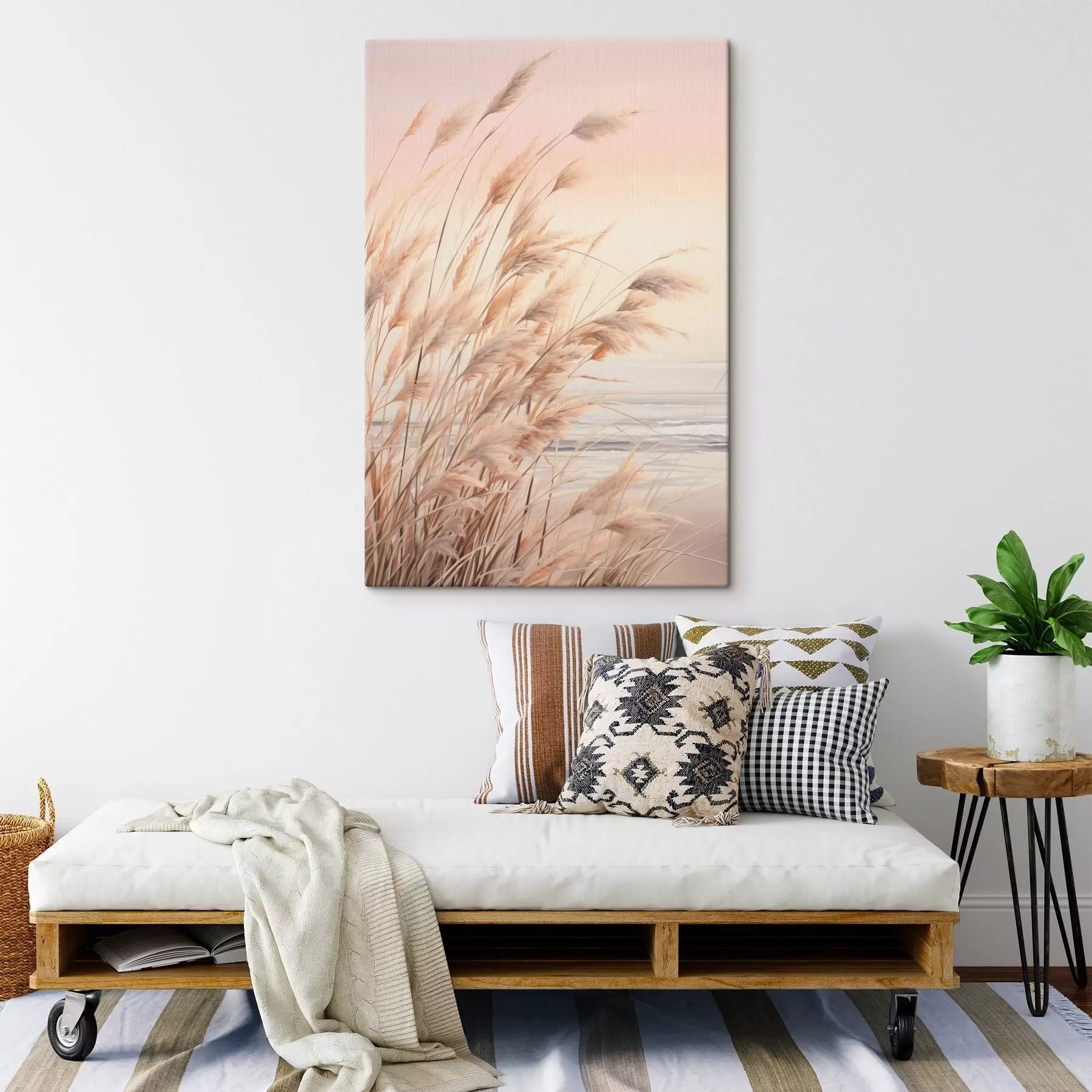  Schilderijen Pampagras met pasteloranje kleurenpalet, lichtroze lucht, een rustig landschap s45934