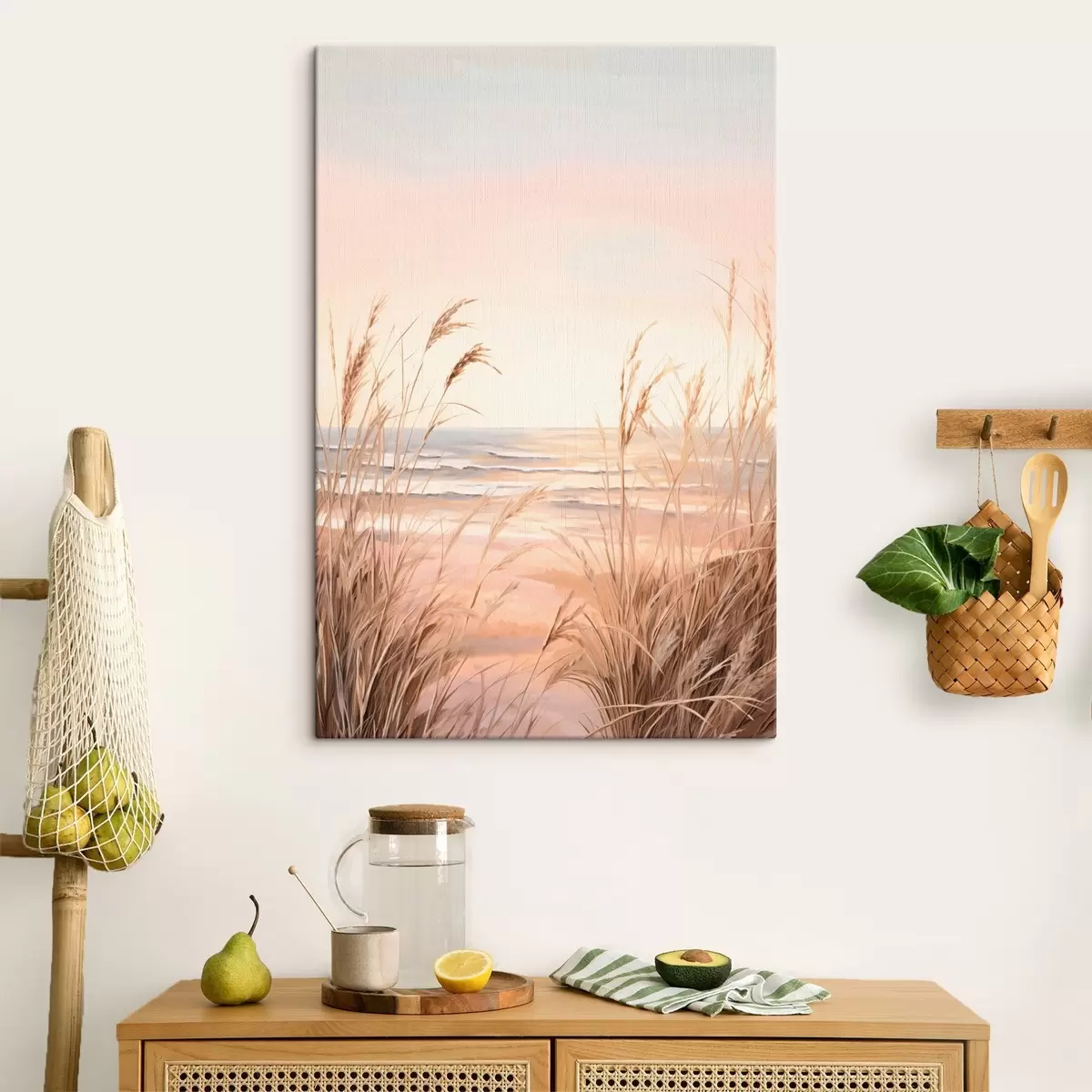  Schilderijen Pampagras met pasteloranje kleurenpalet, lichtroze lucht, een rustig landschap s45935
