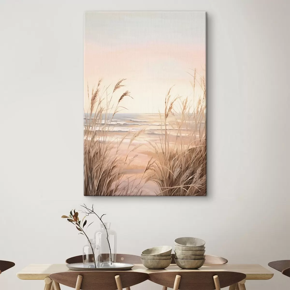  Schilderijen Pampagras met pasteloranje kleurenpalet, lichtroze lucht, een rustig landschap s45935