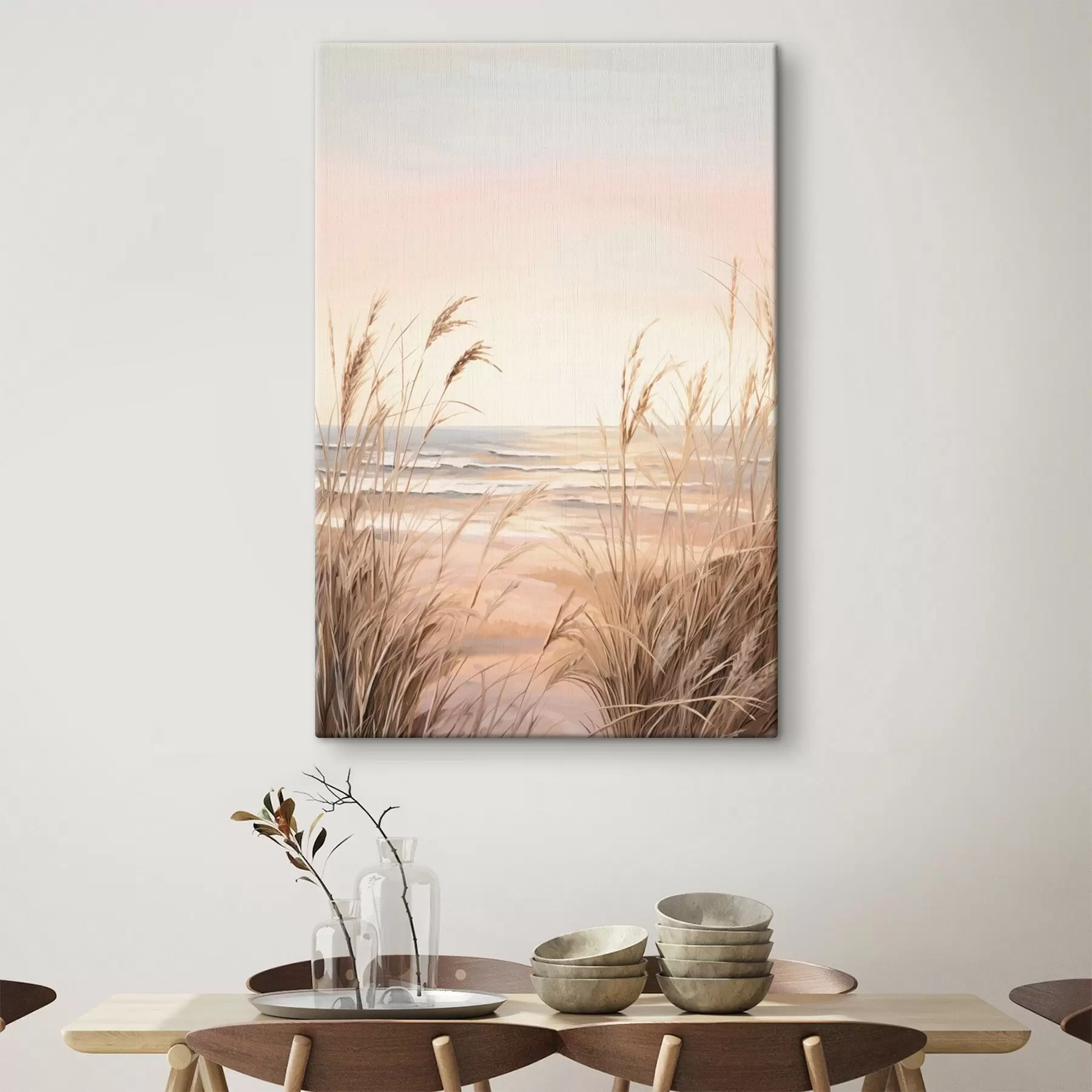  Schilderijen Pampagras met pasteloranje kleurenpalet, lichtroze lucht, een rustig landschap s45935
