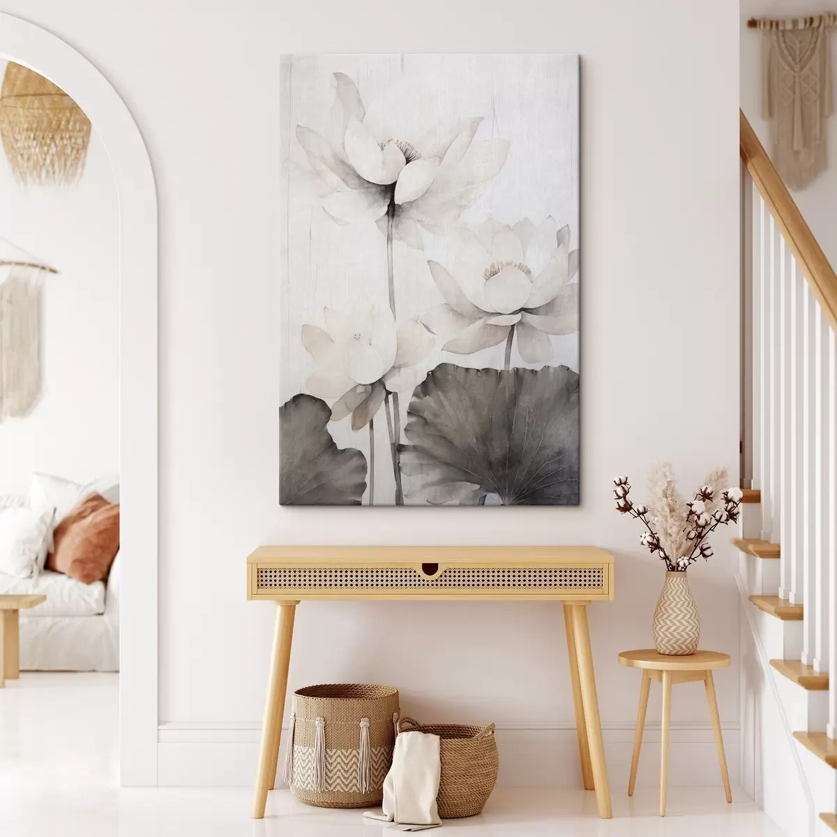  Schilderijen Witte lotusbloemen met textuur en donkere bladeren, lichte achtergrond, minimalistisch ontwerp s45936