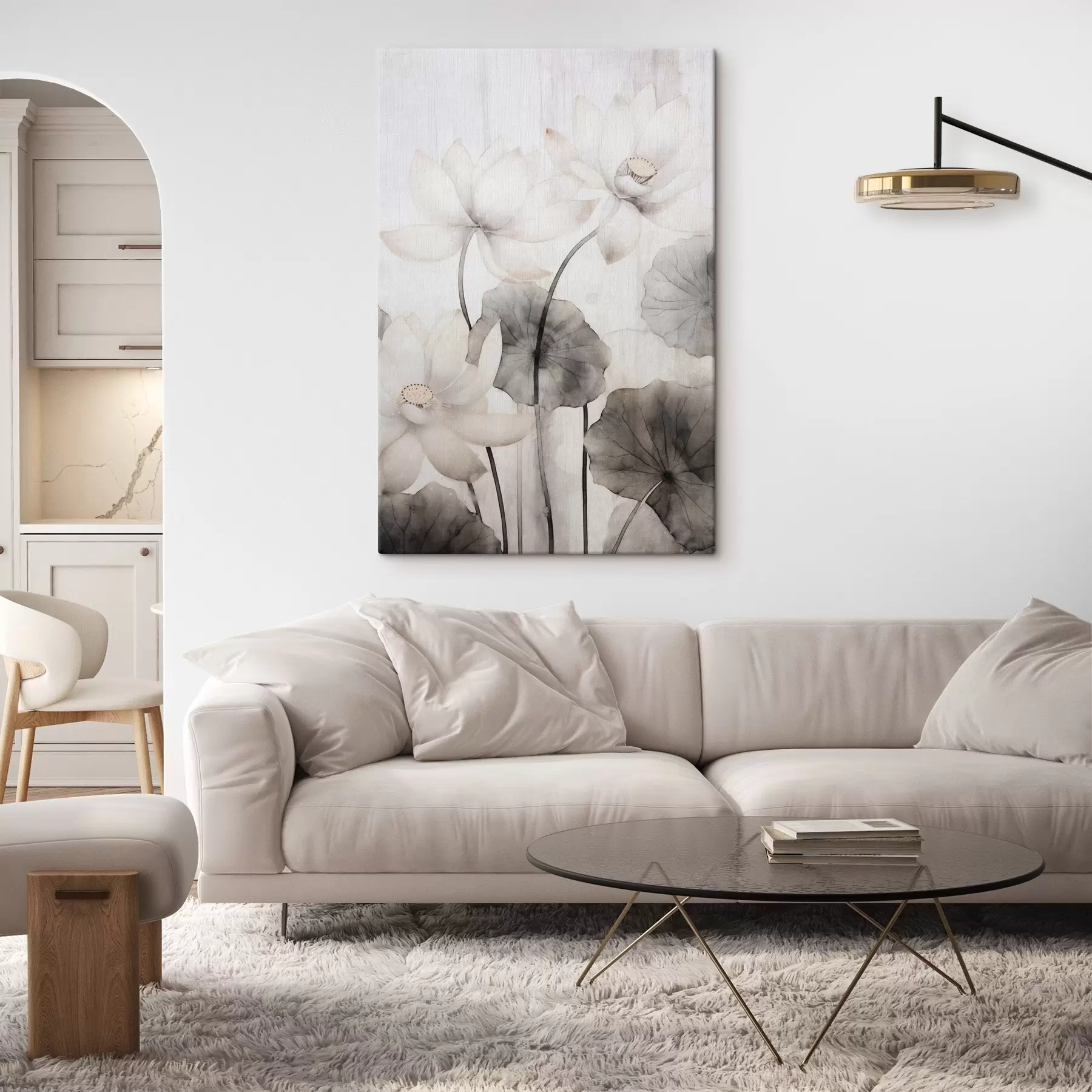  Schilderijen Witte lotusbloemen met textuur en donkere bladeren, lichte achtergrond, minimalistisch ontwerp s45937