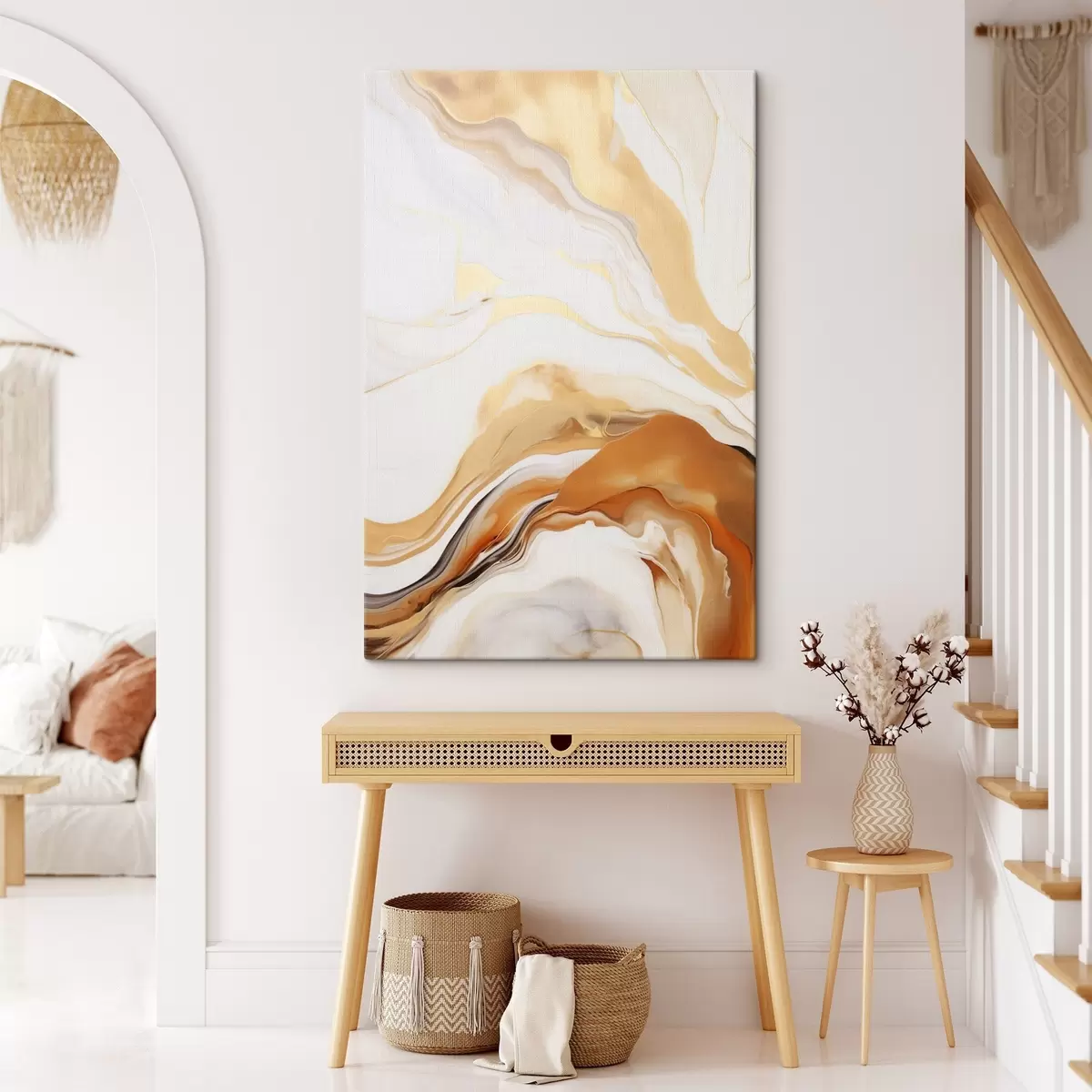  Schilderijen Abstracte schilderkunst imitatie met vloeiende vormen in tinten wit, oranje en bruin, minimalistisch s45938