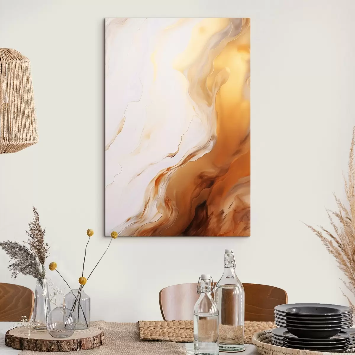  Schilderijen Abstracte schilderkunst imitatie met witte en oranje kleuren, vloeiende kunst met golvende lijnen, moderne kunst s45939