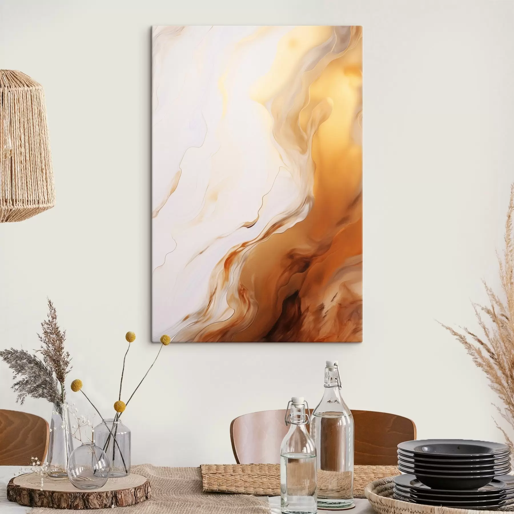  Schilderijen Abstracte schilderkunst imitatie met witte en oranje kleuren, vloeiende kunst met golvende lijnen, moderne kunst s45939