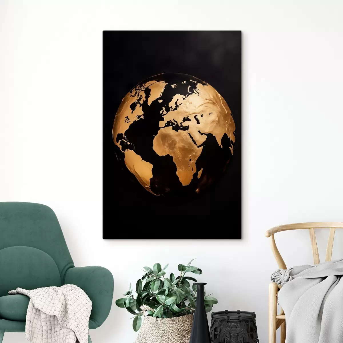  Schilderijen Gele gestructureerde abstracte wereldbol, planeet op een zwarte achtergrond, moderne minimalistische kunst s45942