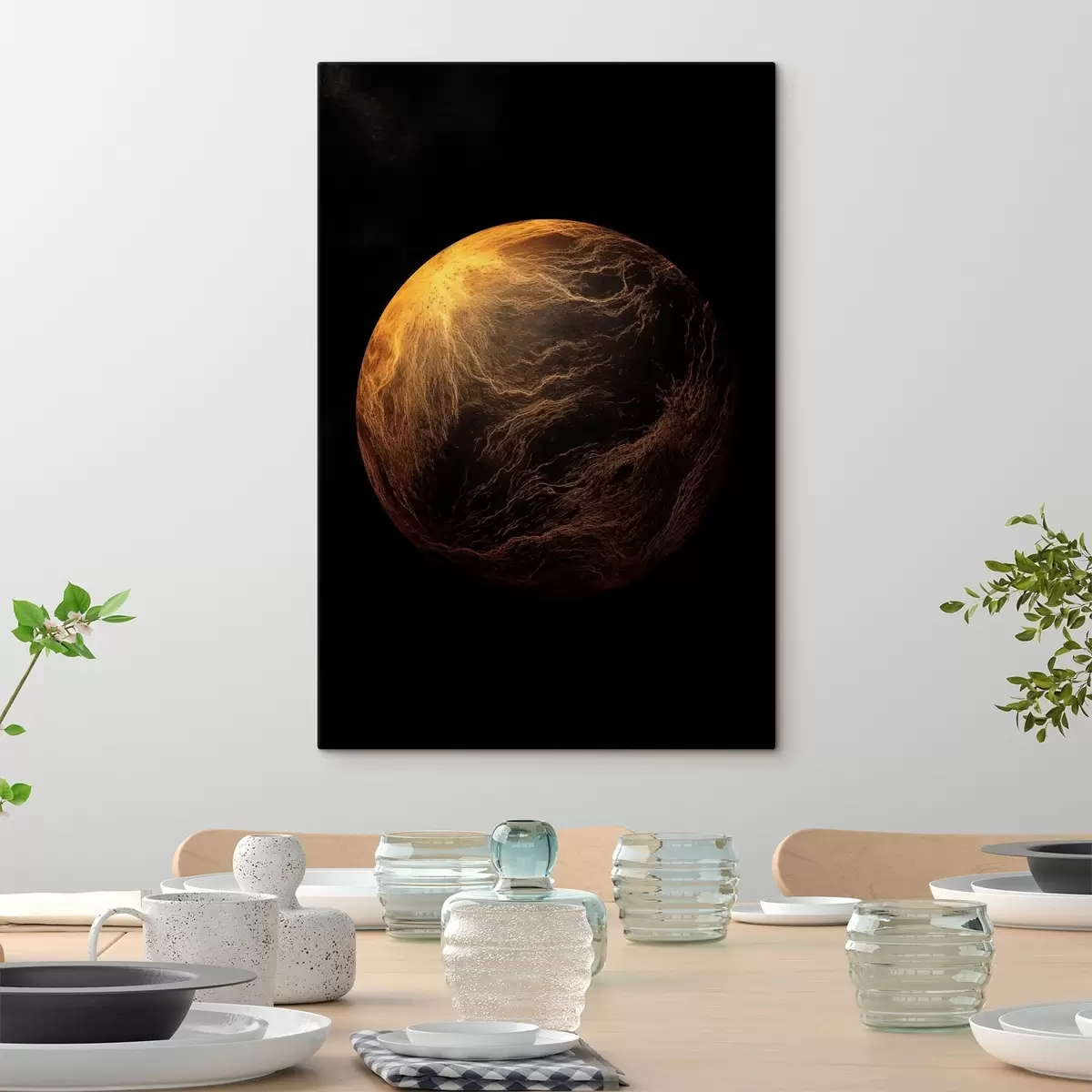  Schilderijen Abstracte planeet met oranje aderen tegen een zwarte ruimteachtergrond, moderne minimalistische kunst s45943