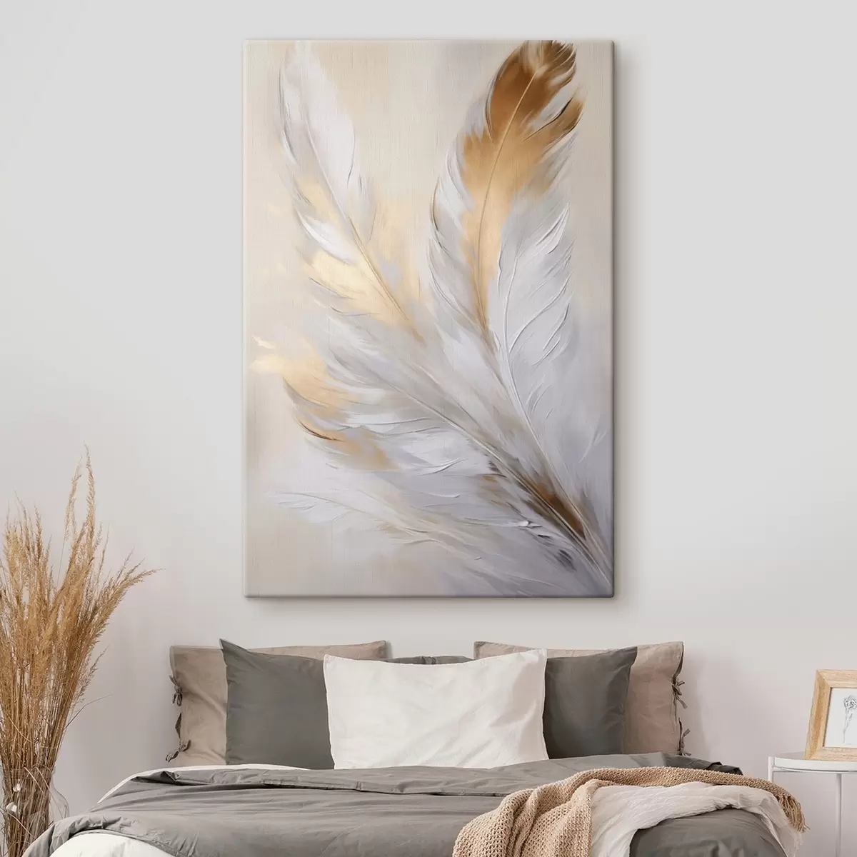  Schilderijen Veren met oranje accenten, zachte verlichting, minimalistische compositie met textuur, moderne kunst s45944