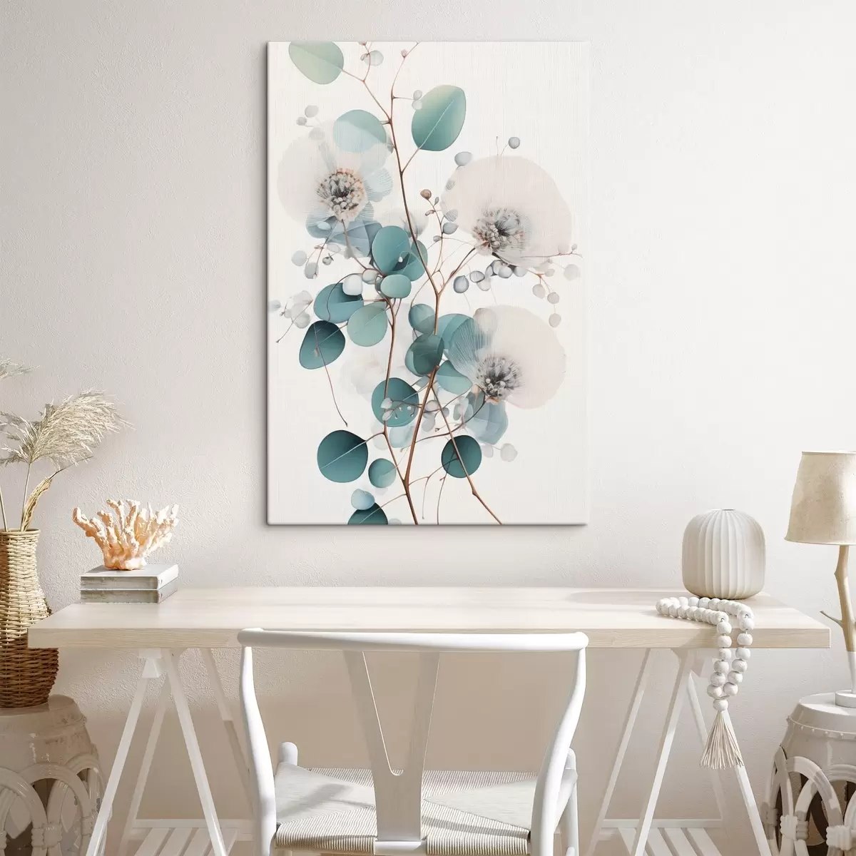  Schilderijen Eucalyptus abstracte bloemen met witte bloemblaadjes, gedempte groene bladeren aan takken s45946