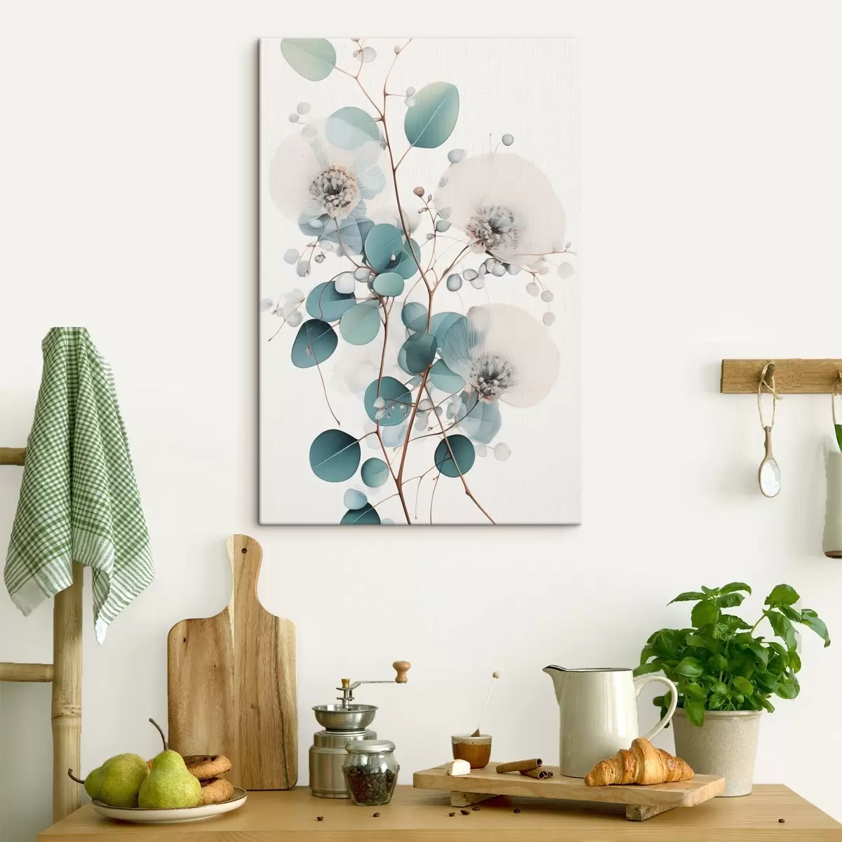  Schilderijen Eucalyptus abstracte bloemen met witte bloemblaadjes, gedempte groene bladeren aan takken s45946