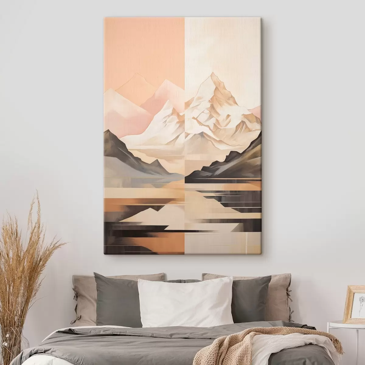  Schilderijen Abstract landschap met bergen en een meer, pastelkleuren, minimalistische stijl s45948