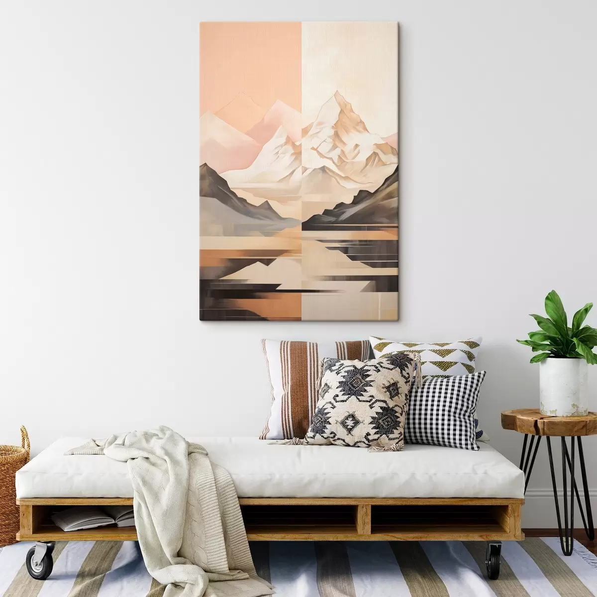  Schilderijen Abstract landschap met bergen en een meer, pastelkleuren, minimalistische stijl s45948