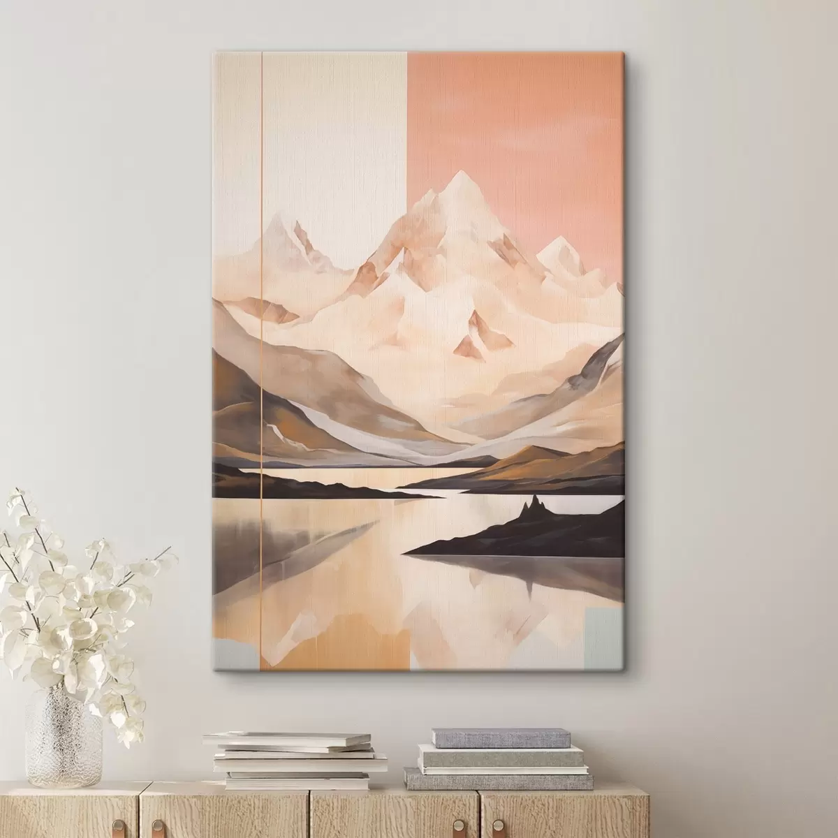  Schilderijen Abstract landschap met bergen en een meer, pastelkleuren, minimalistische stijl s45949